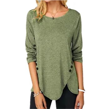 

Irregular Casual Cotton Tshirts Women Long Sleeve Button T-Shirts O-Neck Plus Size S-5XL Female Solid Color Clothing Top Shirts
