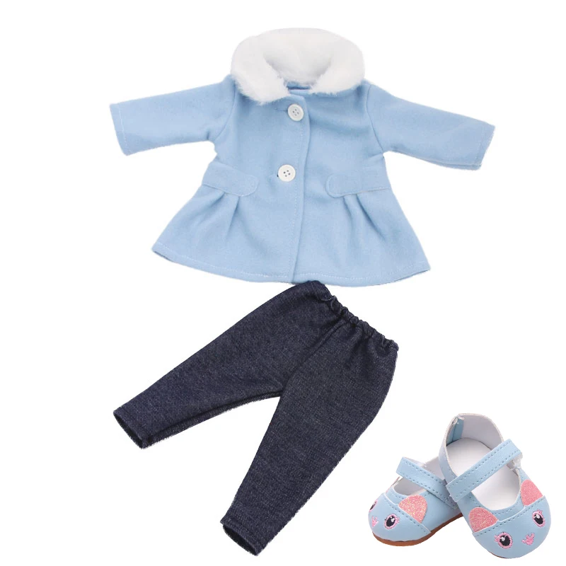 Blue 18 дюймовая кукольная одежда для девочек комплект шерстяного пальто+ штаны, американское платье для новорожденных аксессуары, игрушки для малышей, размер 43 см, детские куклы c730 - Цвет: Blue