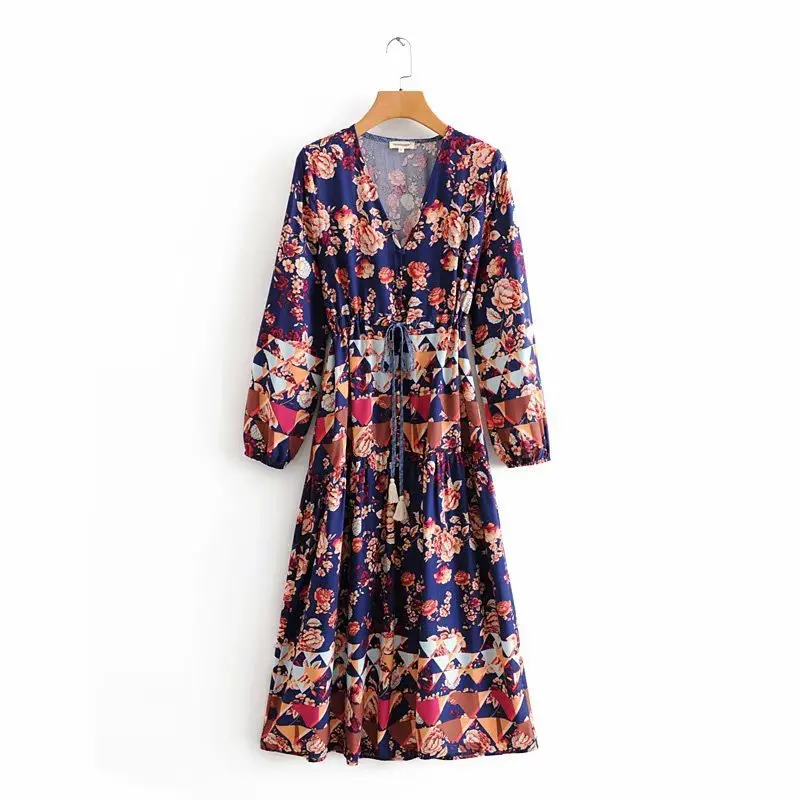

Western Style 2019 Autumn New Style Loose-Fit Slimming Versatile Lace-up Waist Hugging V-neck Long Skirts Women's A9ts8593