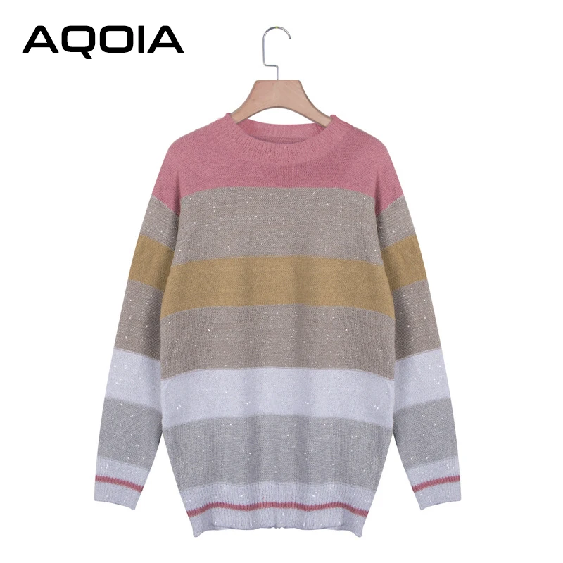 Ceny AQOIA koreański styl z długim rękawem ciepłe kobiety sweter Plus Size paski Lurex dzianiny damskie swetry swetry zimowe 2019 odzież