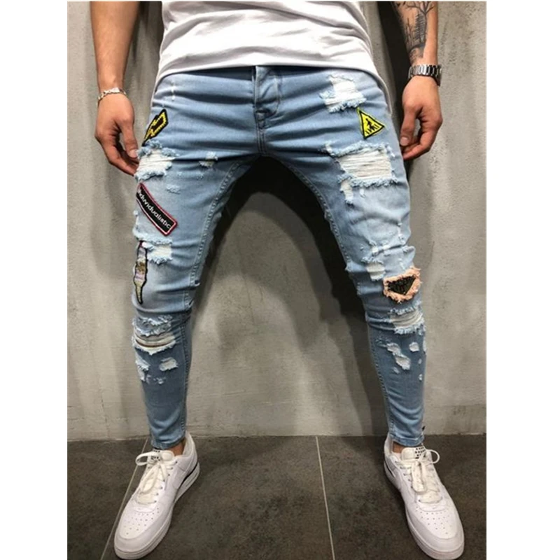 Beste 3 stijlen Mannen Ripped Skinny Biker Jeans Vernietigd Verzwakte Print Borduren Slim Fit Denim Broek Jean Plus Size 3XL
