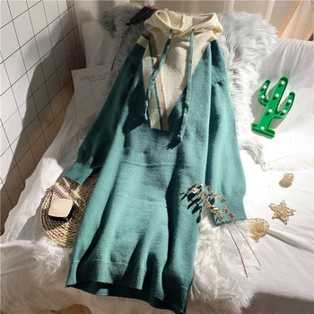 

Hooded loose knitted women dress lantern sleeved v-neck knee=length lady pulls fashion preppy style dresses outwear tops