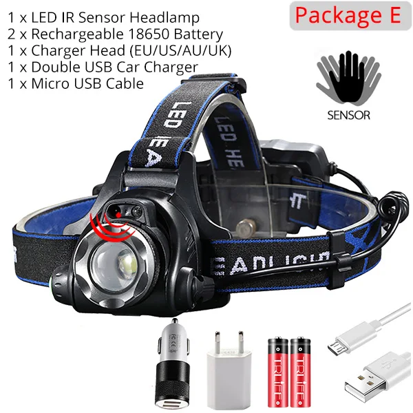 Package E ИК-датчик налобный фонарь 2000LM V6 мощный умный налобный фонарь T6/L2 USB Перезаряжаемый налобный фонарь для рыбалки водонепроницаемый фонарь с зумом - Испускаемый цвет: Package E