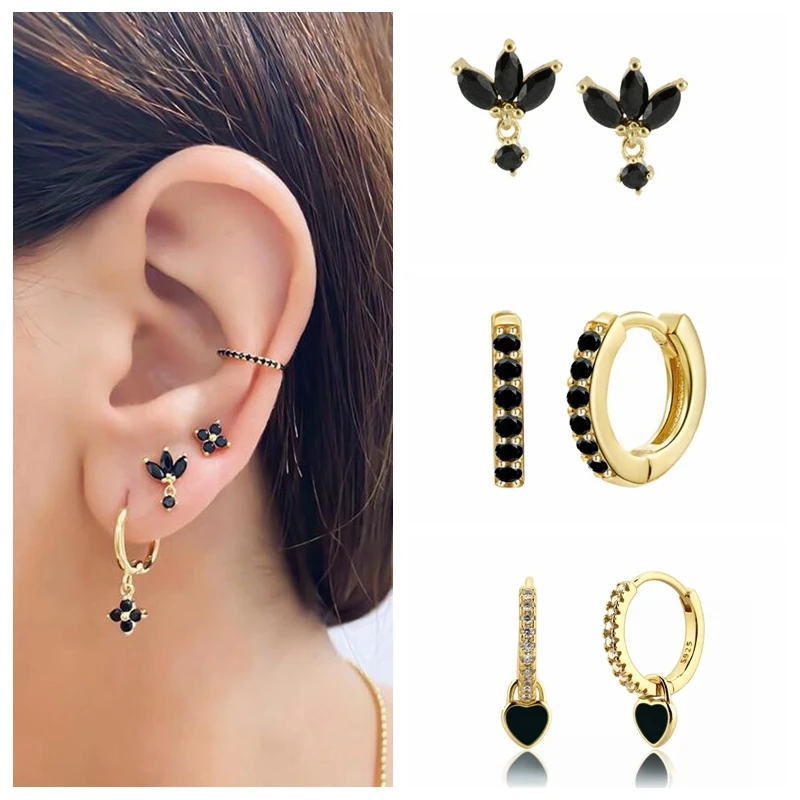 Pendientes colgantes de Plata de Ley 925 con cristales negros para mujer, pendientes Huggie para prevenir alergias, regalos de joyería