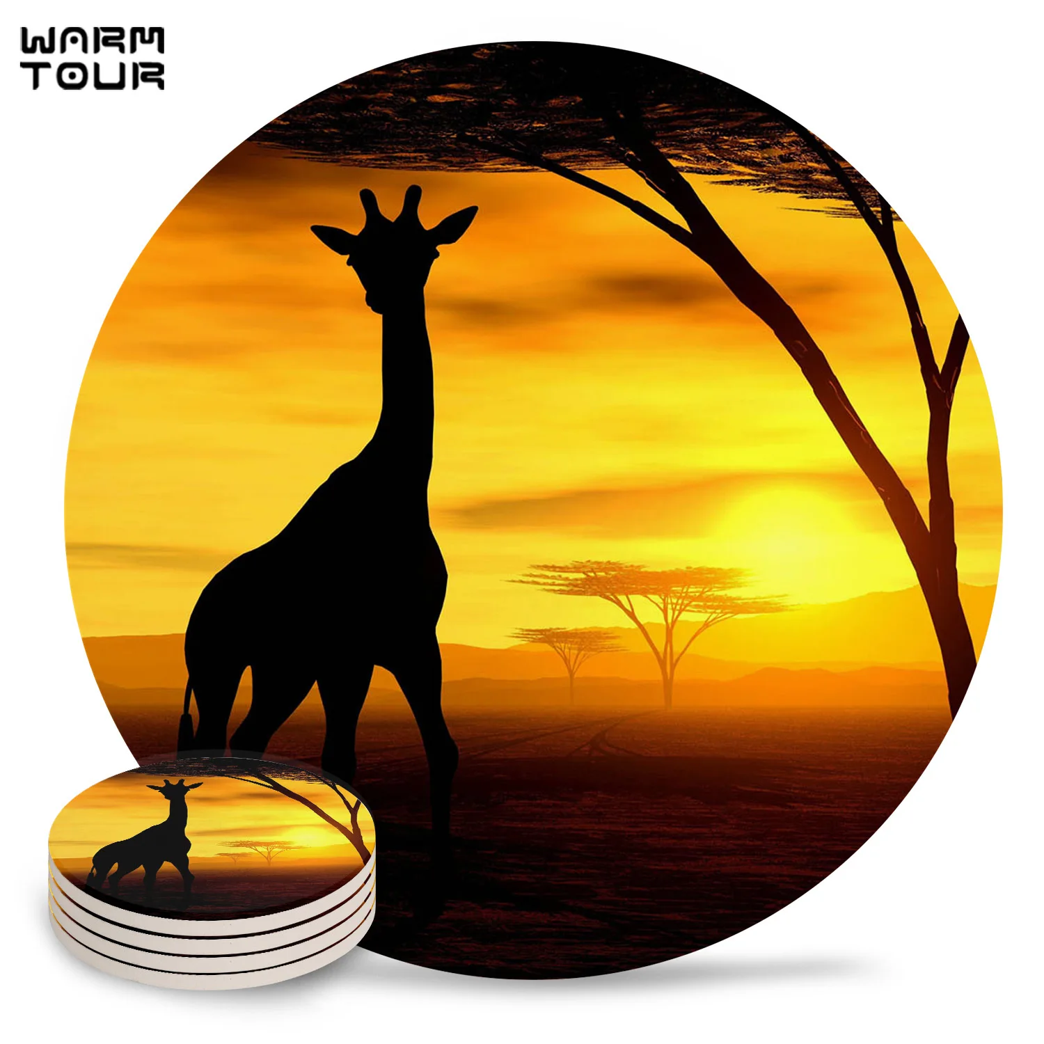 4/6/8 PCS Giraffe Steppe Sky Sunset Twilight Sun Yellow Placemat Ceramic Drink Coasters Table Decoration Absorbent Moisture | Дом и сад