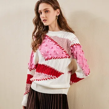 

Sweater Women's Pullover Tops Autumn Spring Heavy Industry Wool Ball Color Matching Sweaters Long Sleeve Pull Femme TA7806