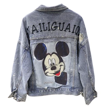 

Korean cartoon printed heavy industry hole embroidered denim jacket 2020 spring and autumn loose casual jean jacket 2084