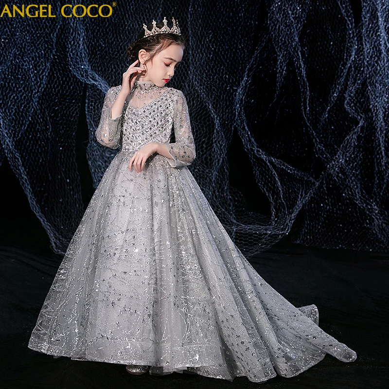 Платье для девочек-подростков; зимняя детская одежда серого цвета; элегантные вечерние длинные платья принцессы из тюля для маленьких девочек; Детские платья для свадебной церемонии