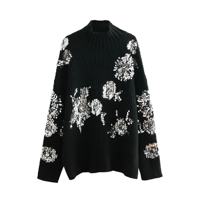 Half High Collar Knitted Sequin Sweaters Women Sweater Beaded Flower Sweater