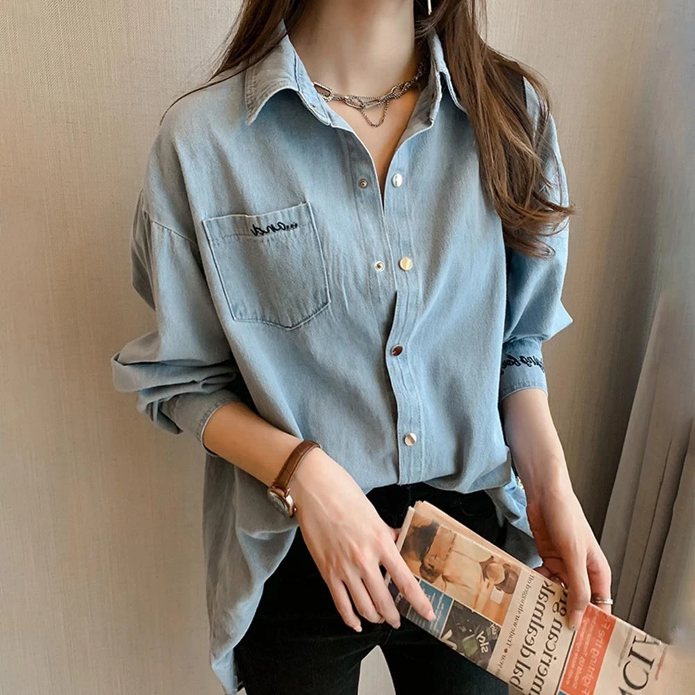 Blusa vaquera de manga larga para mujer joven, camisa de calle de estilo  coreano, Japón, azul claro, Top de primavera y otoño|Blusas y camisas| -  AliExpress