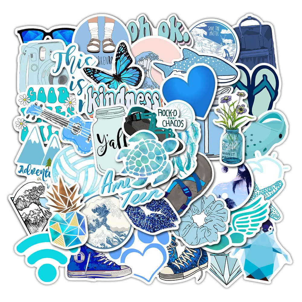 

50Pcs Mixed VSCO Blue Stickers for DIY Laptop Luggage Refrigerator Skateboard Decor Waterproof Toy Sticker for Kids