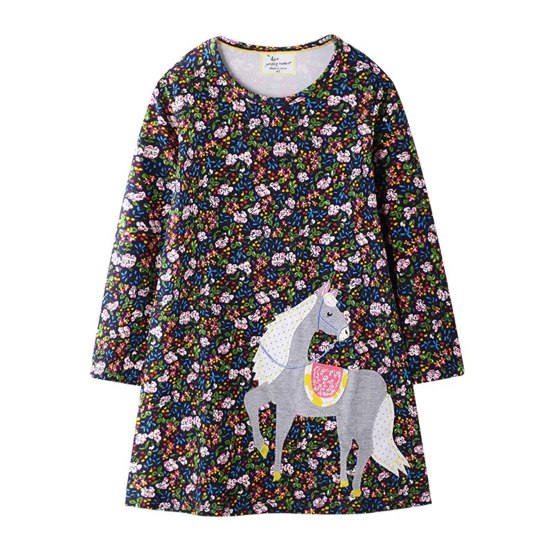 Для детей, длинный рукав, аппликация платья для девочек платье принцессы с цветочным рисунком хлопковое Модная одежда для детей, Детская мода Демисезонная одежда Детские платья для девочек - Цвет: T7200 horse