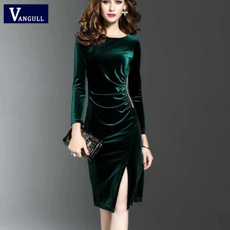 Najtaniej Vangull kobiety aksamitna sukienka stałe elegancka kobieta szczelina dołem Ruched sukienka 2019 nowy jesień zima długie sukienki kobiety odzież