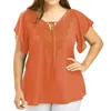 5xl Plus Size Lace Shirts Women Fashion Bandage V-neck Tunic Tops Solid Patchwork Short Sleeve Blouse Women Elegant Blusas Mujer ► Photo 3/6