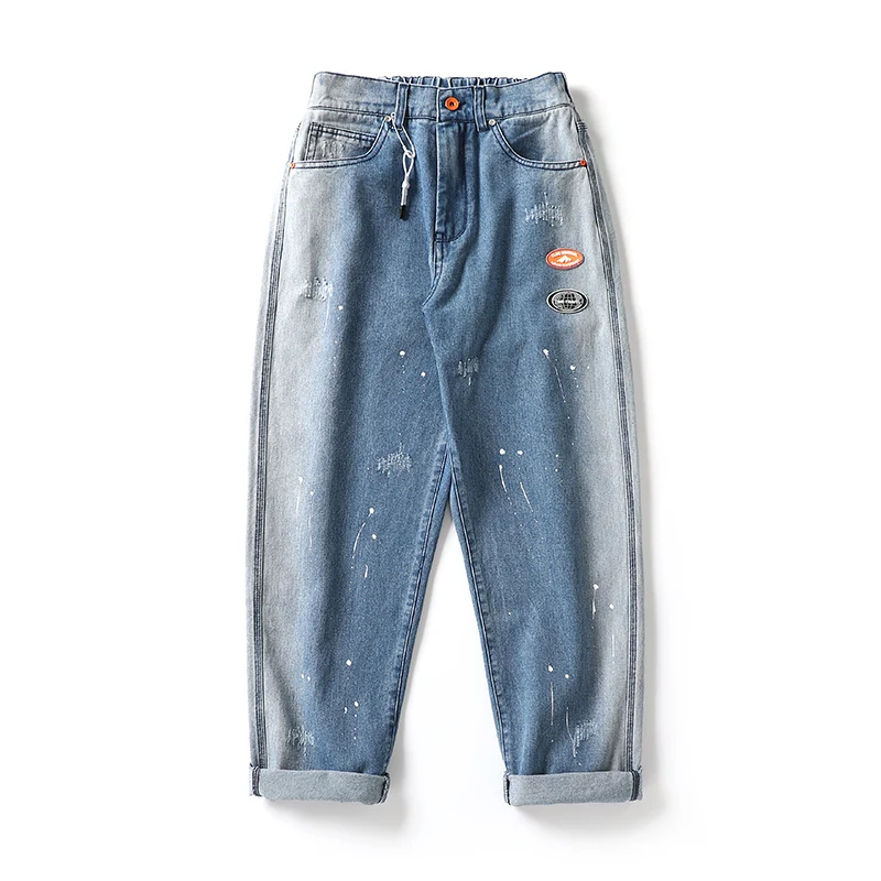 

Black Fleet original washable label splash ink hole printing decorative rope counter quality straight jeans men