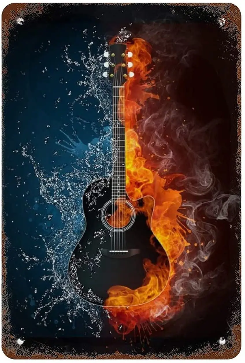 Ice and Fire Guitar Beer Metal Tin Logo Bar Art Gift to Friends 8x12 Inches | Дом и сад