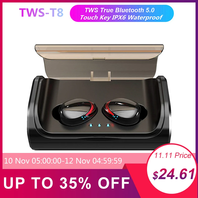 Meilleur T8 Mini TWS Bluetooth 5.0 vrais écouteurs sans fil écouteurs intra auriculaires casque de sport stéréo basse profonde avec boîte de charge 3000 mAh