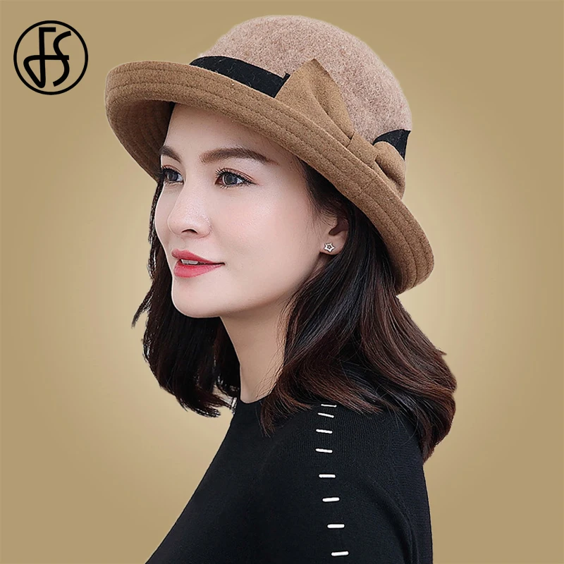 FS Fashion Gray Purple Women Wool Felt Bucket Hats Vintage Ladies Cloche Derby Bowler Cap with Bowknot Elegant Autumn Winter