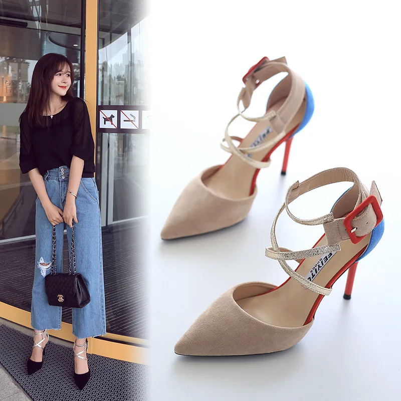 

2018 New Style Summer Fashion Small Fresh Cross Mixed Colors Buckle Thin Heeled Fashion Sandals Pointed-Toe Versatile WOMEN'S Hi