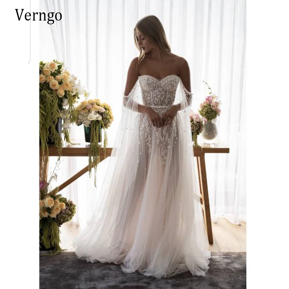 

Verngo Modern Lace Applique Pearls Wedding Dress With Long Cape Sleeves Sweetheart Tulle Sweep Train Bridal Gowns Vestidos