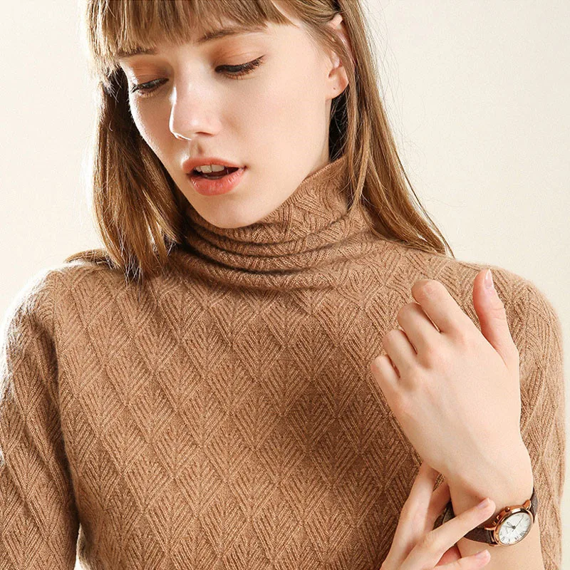 Женский вязаный пуловер GCAROL, стрейчевый свитер с хомутом, вязаный джемпер с ромбовидным рисунком, теплая водолазка с содержанием шерсти 30% для весны, осени и зимы