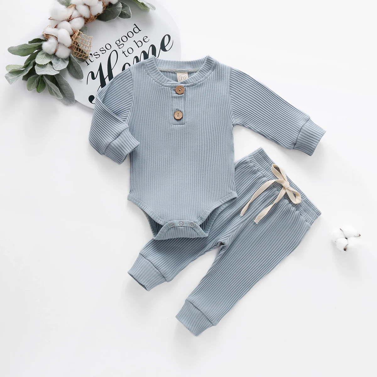 Infant Baby Knit Outfits Suits Buttons O-neck Ribbed solid clothes Long Sleeve Bodysuits Romper Top + Elastic Long Pant