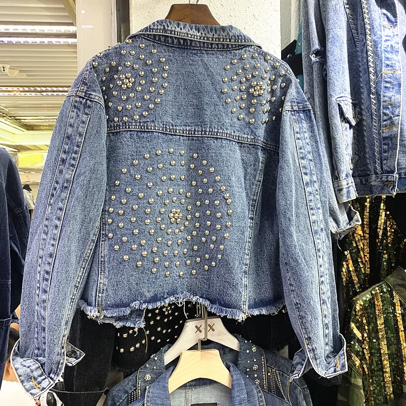 

2019 autumn new retro heavy work rivet loose raw short denim jacket female