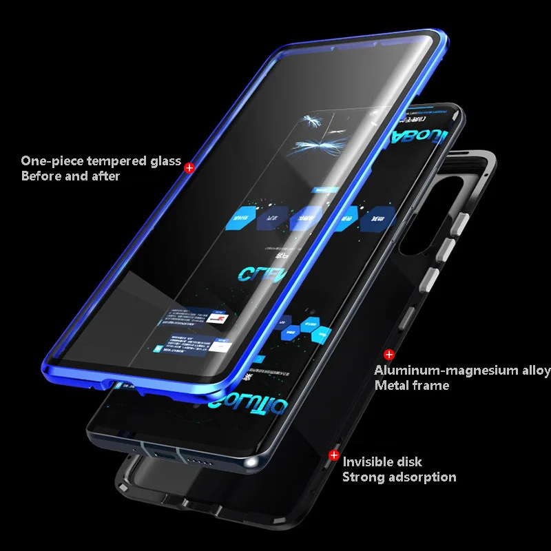 Переднее и заднее закаленное стекло металлический магнитный чехол для huawei mate 20Pro P 30Pro изогнутое стекло 360 ° защитный чехол