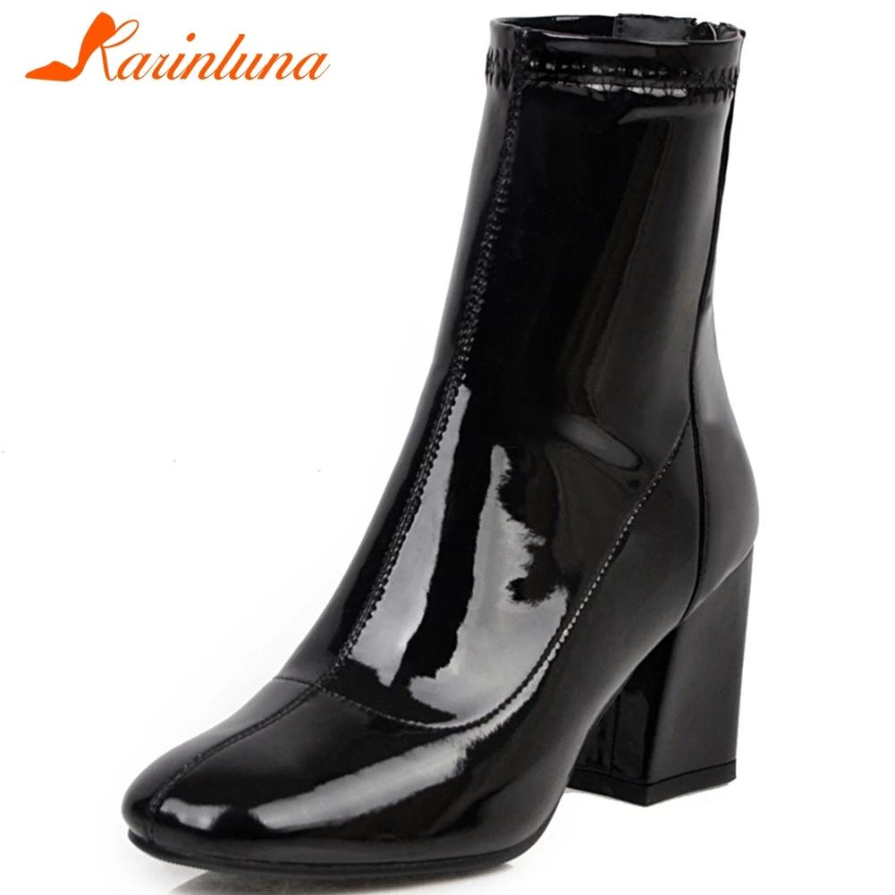 

KARINLUNA Brand New Plus Size 33-46 Patent Pu Leather Ladies High Chunky Heels Shoes Woman Casual Party Autumn Ankle Boots Women