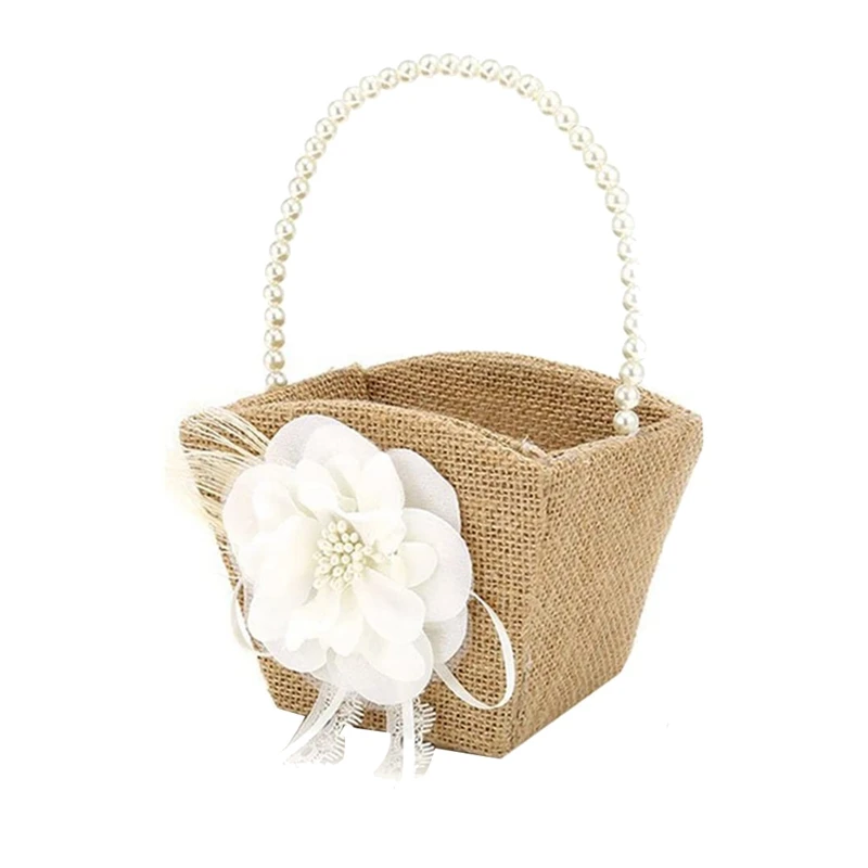 Flower Girl Basket Rustic Burlap for Vintage Rustic Wedding Party Flower Basket with Pearl Handle floating plant pot