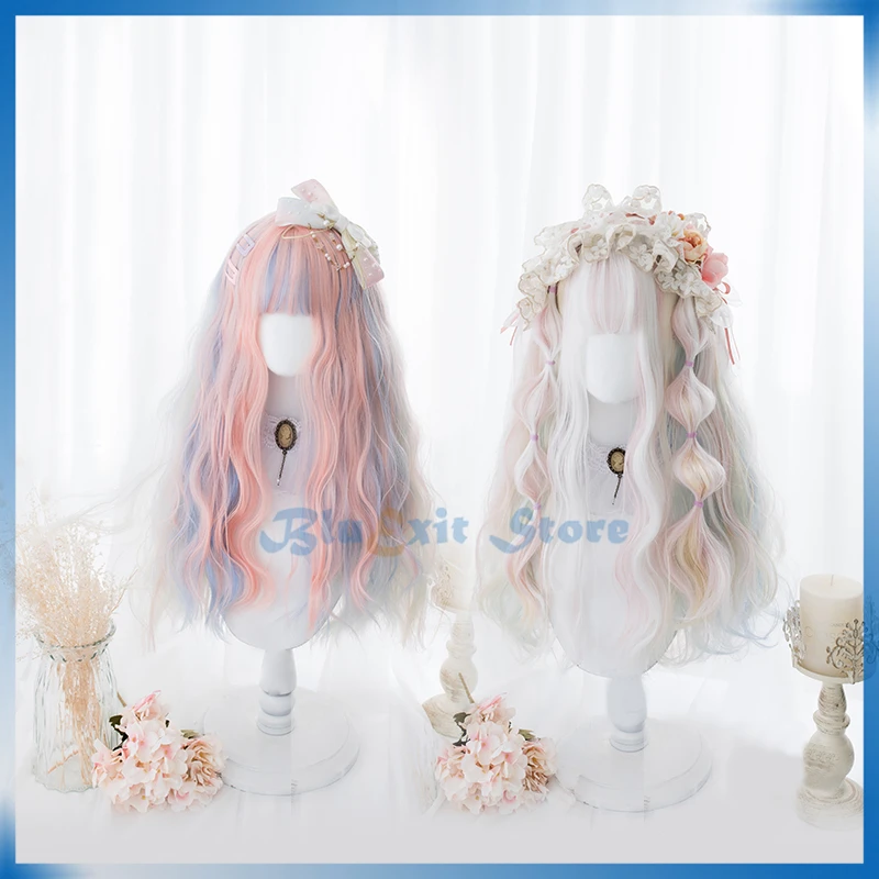 Creamy Pink Blue Lolita Wig Cosplay Harajuku Rainbow Mixed Beige Sweet Cute Long Curly Wave Synthetic Hair Adult Girls Headwear |