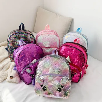 

1 PC Cute Cartoon Unicorn Pony Sequin Backpack PU Leather Soft Plush School Backpack Child School Bag Teenager Kids Travel Bag