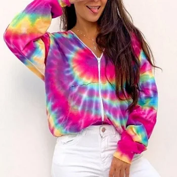 

Tie Dye Woman Jacket Autumn Biker Bomber Jacket Zipper Up Coat Hoody Sweatshirt Casual Pocket Oversized Thin Female Outwear Coat