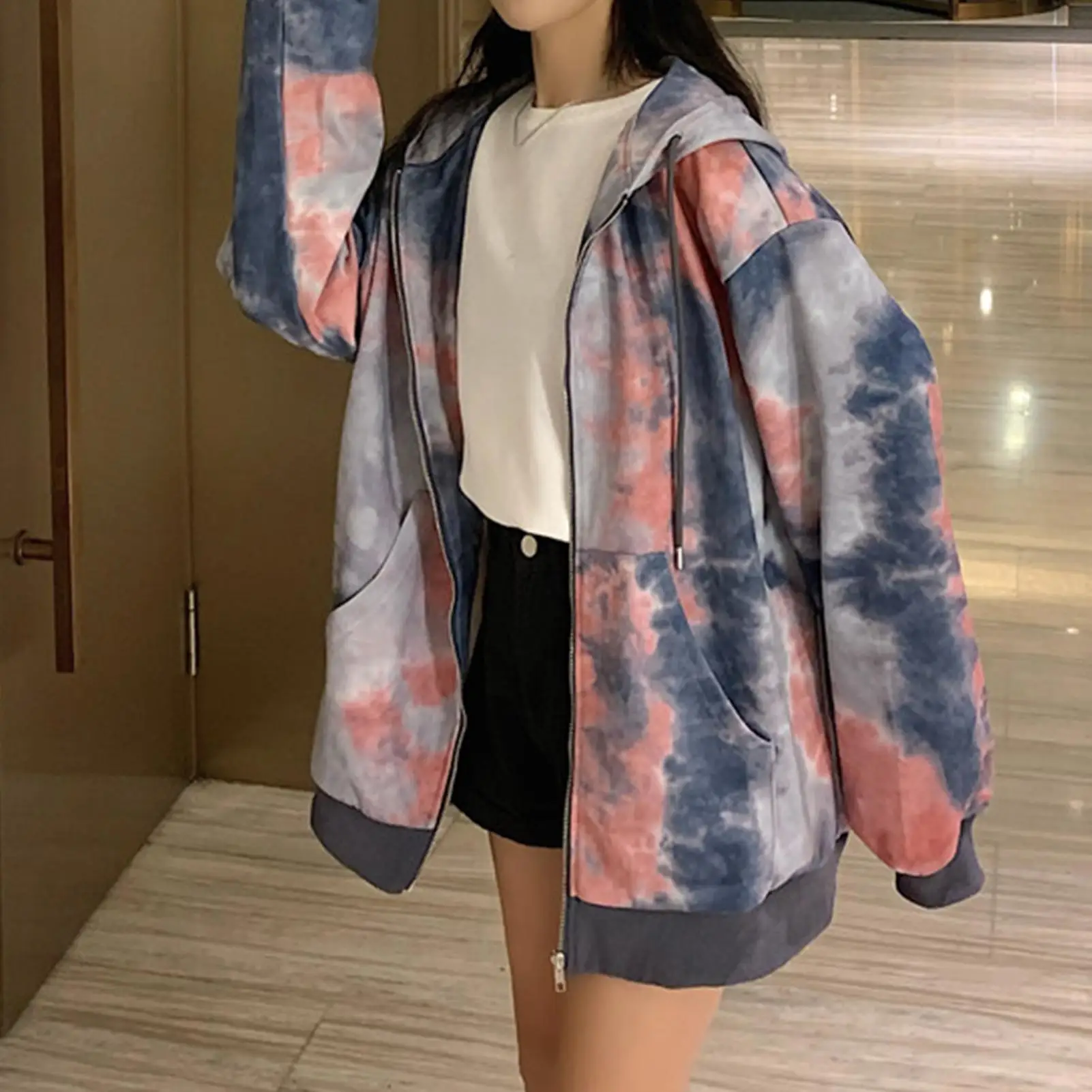 

Autumn Winter Hoodies Sweatshirts Women Casual Loose Tie Dye Zipper Zip-Up Long Sleeve Oversized Streetwear Outfits Jacket Coat