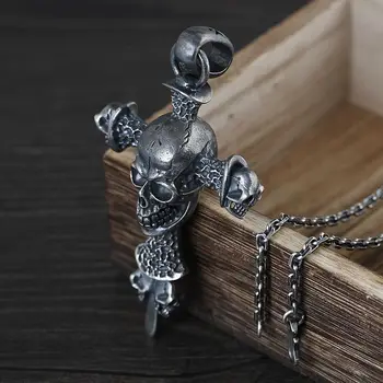 شراءS925 فضة التايلاندية الفضة Vintage قلادة للرجال الجمجمة الصليب فضة قلادة الهيب هوب الشرير الصخرة نمط مجوهرات