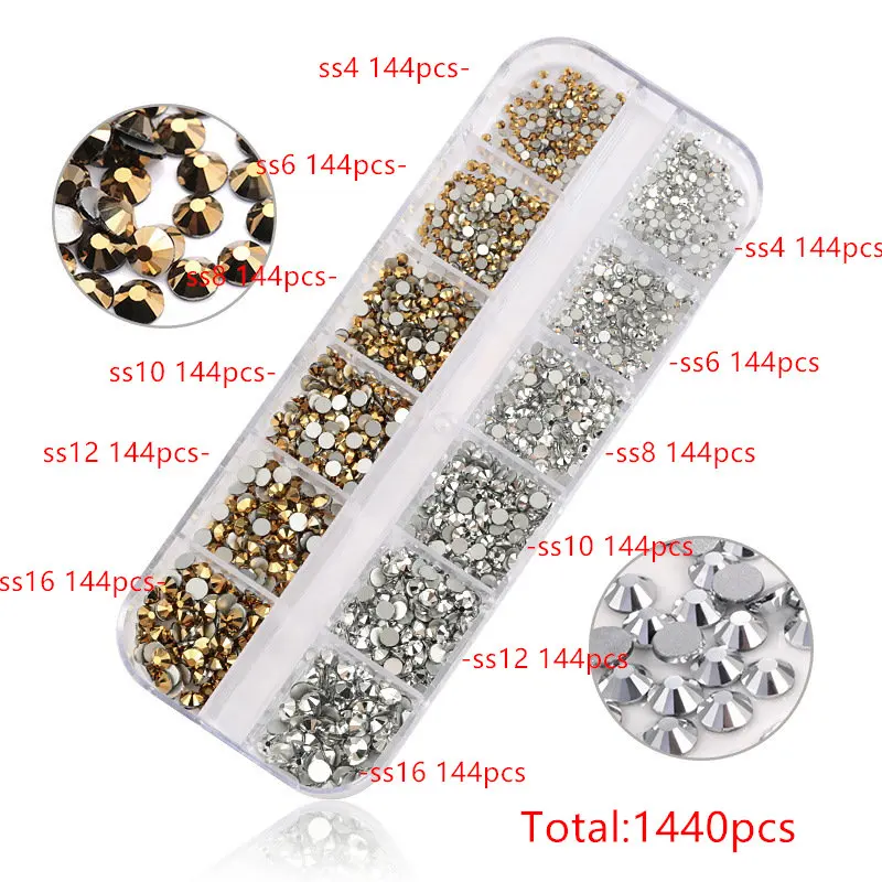 gold - silver 1440 шт стеклянные стразы кристалл страз перегородка смешанный размер DIY Маникюр 3D хрустальные ногти искусство стразы украшения - Цвет: gold - silver