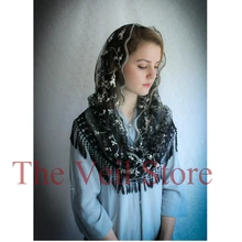 Круглый Цветочный кисточкой кружевная Мантилья Catholique вуали для церкви женщин Головные уборы латинская масса черный цвет слоновой кости Velos de Novia Negra