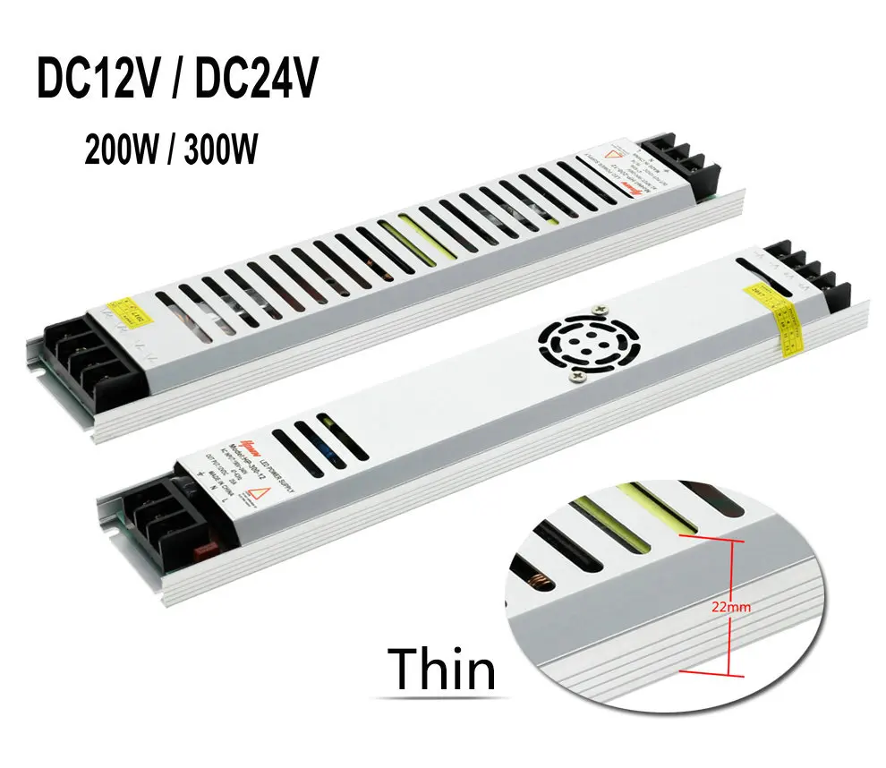 Ультра тонкий импульсный источник питания DC 5 V/12 V/24 V Трансформаторы освещения 200W 300W AC190-240V Светодиодный драйвер для полосы света