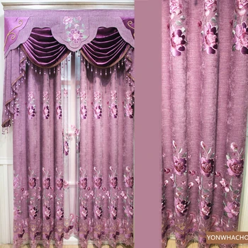 

Custom curtains European pastoral thick chenille embroidery bedroom purple cloth blackout curtain tulle valance drape B757