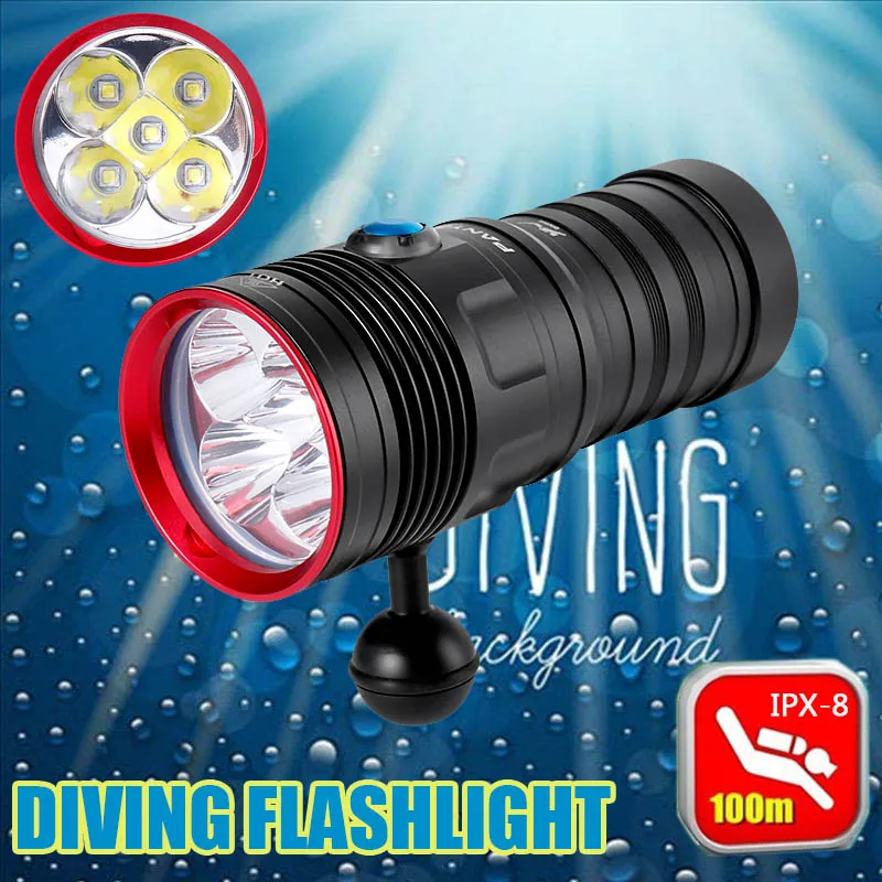 

Panyz 5LED High Power Professional Powerful IP8 Diving Flashlight Underwater Waterproof Scuba Dive Torch Light Lamp use 18650