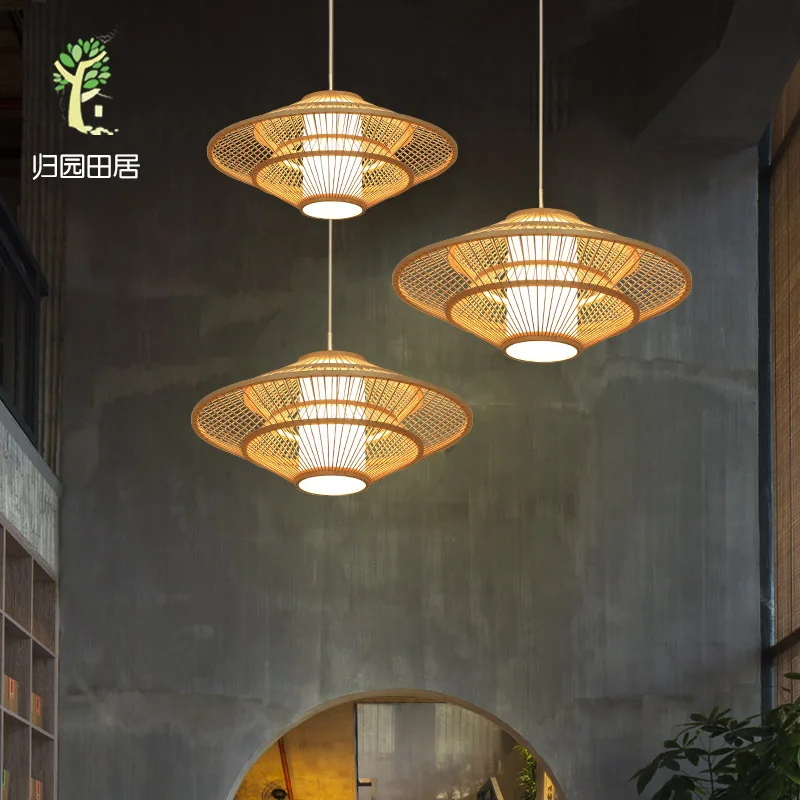 New Chinese Style Zen Chandelier Japanese Style Restaurant Light Single-head Bar Counter Bamboo Weaving UFO Lamps Balcony Lanter