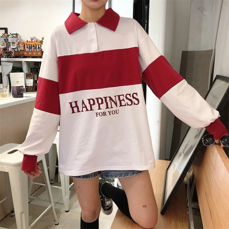 Хлопок поло женская рубашка Женская свободная старая печать сплайсинга с