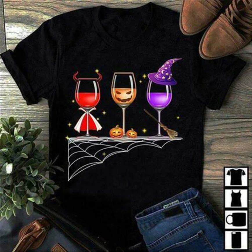 

Wine Halloween Theme Wine Witches Ladies T-Shirt Cotton S-3Xl Plus Size Clothing Tee Shirt