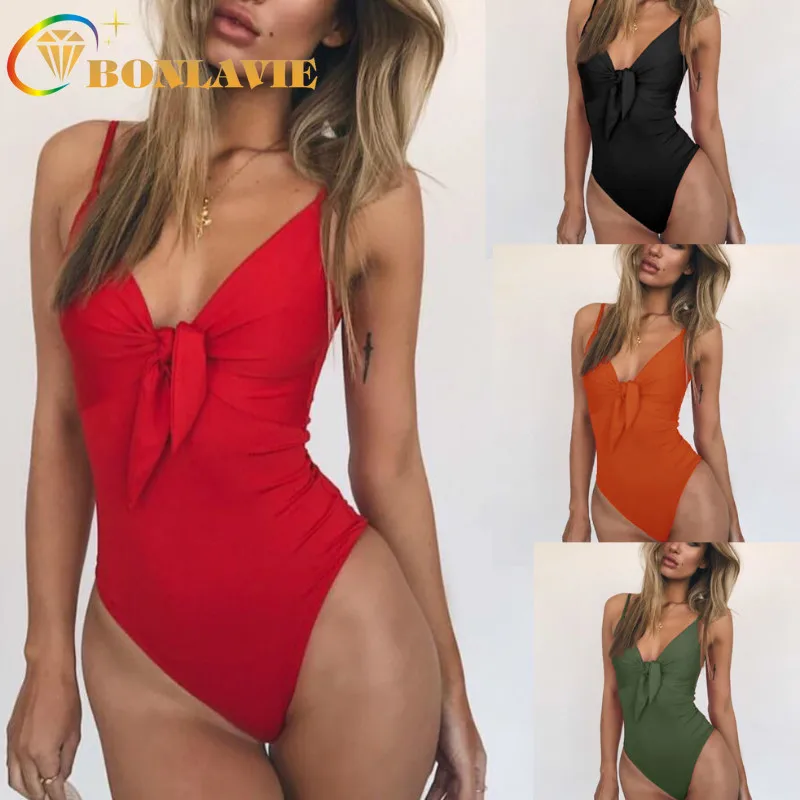

2019 One-piece Swimsuit Women Solid Sexy Bow Swimming Suit Push Up Padded Swimwear Bathing Suit Beachwear Monokini Bikini