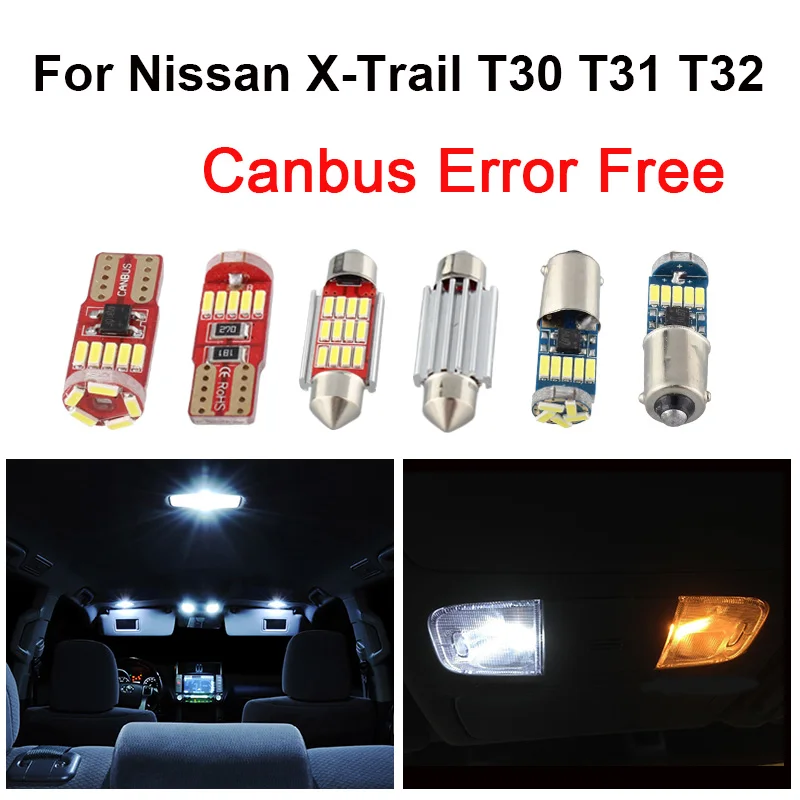 

White Error Free Car LED Interior Dome Map Reading Kit For 2001-2019 Nissan X Trail T30 T31 T32 For X-Trail License Plate Lamp