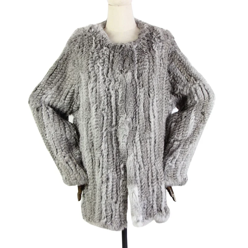 

100% Best Quality Rabbit Fur Thick Knitted Coat, Natural Rabbit Fur Jacket, European Style Fur Overcoat Free Shipping