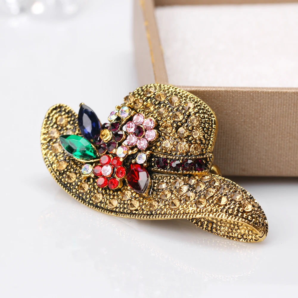 Beautiful Gold color Straw Hat Brooches with Colorful Rhinestones