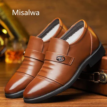 

Misalwa 2020 New Men's Fur Leather Formal Shoes British Slip on Elegant Suit Office Shoes Brown Business Winter Warm Footwear
