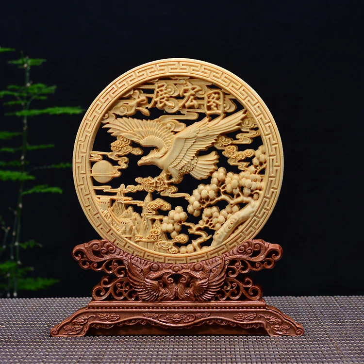 

Lucky Roc Animal Wood Statue Wealth Disc with Base Furnishing Articles Furniture Home Decoration Wood Collection Gifts