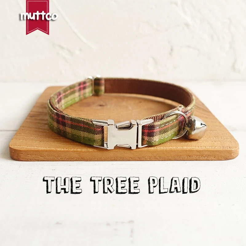 MUTTCO retailing handmade engraved metal buckle cat collar THE TREE PLAID fashion cat collar 2 sizes UCC040